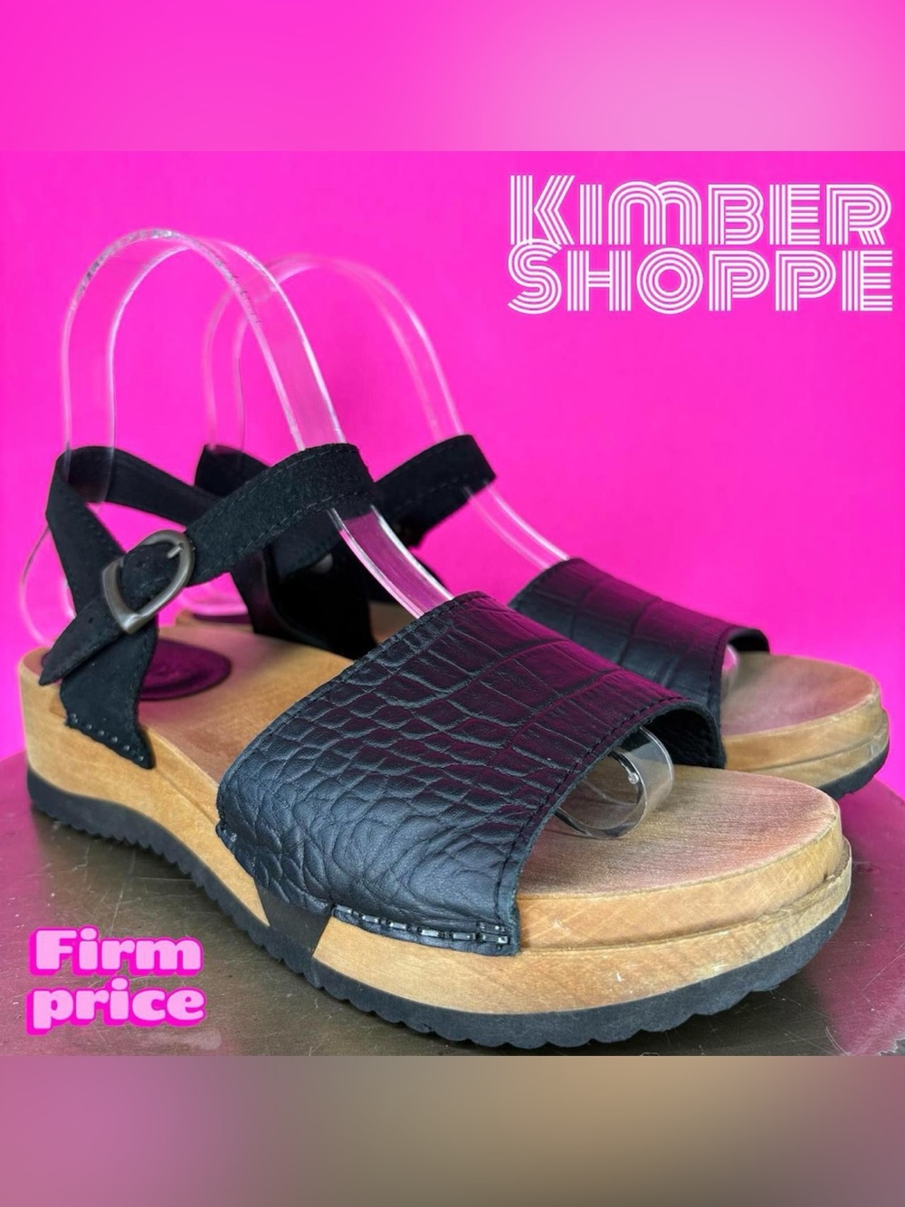 Sanita Rhoda Croc Embossed Black Leather Wood Platform Sandal EU 38 US 7